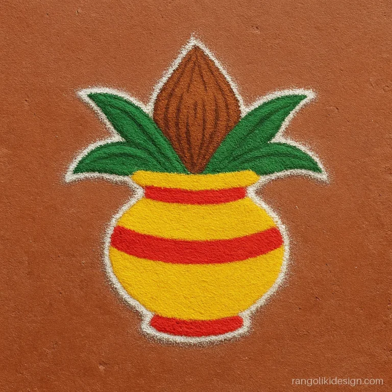 Easy rangoli designs with dots 7-4 with a yellow kalash and three mango leaves