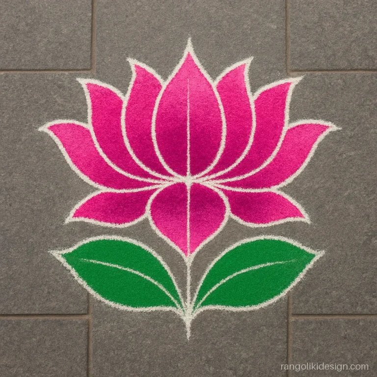 Rangoli designs with dots 7-4 grid showing a pink lotus with white outlines