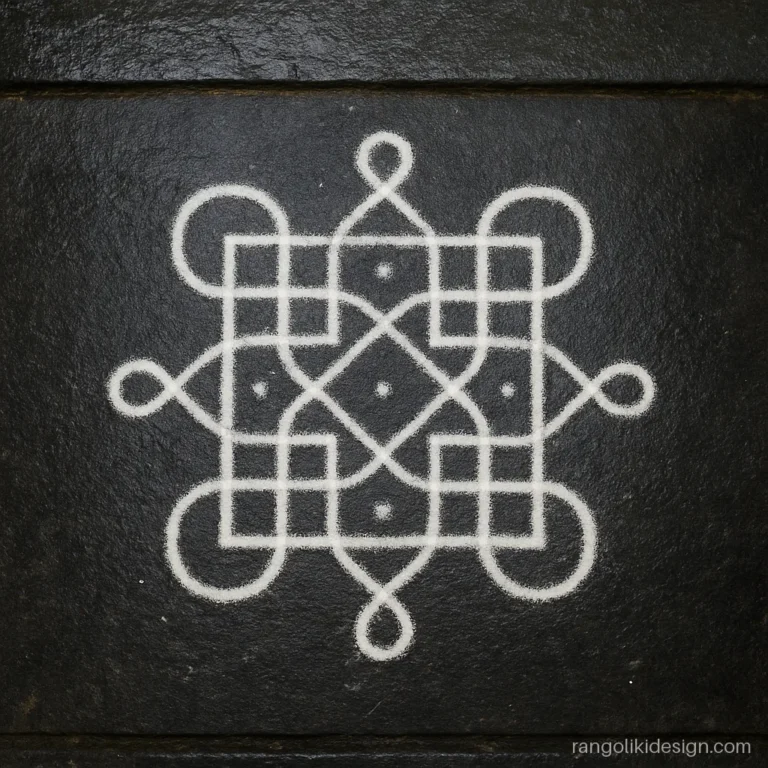 Rangoli designs with dots 7 to 4 as a white interlaced sikku kolam