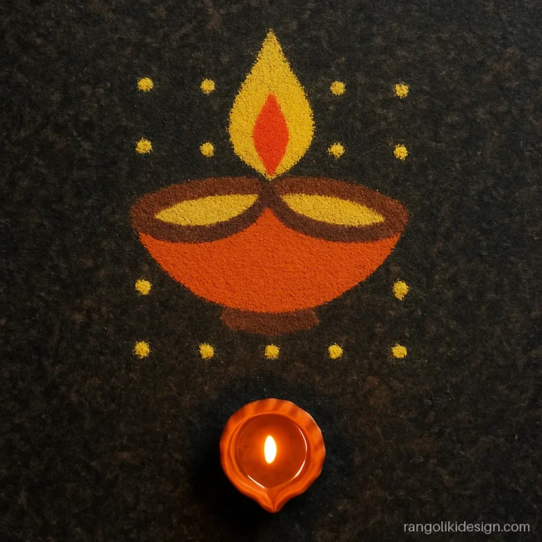 Simple rangoli designs with dots 7-4 showing an orange diya with a tall flame
