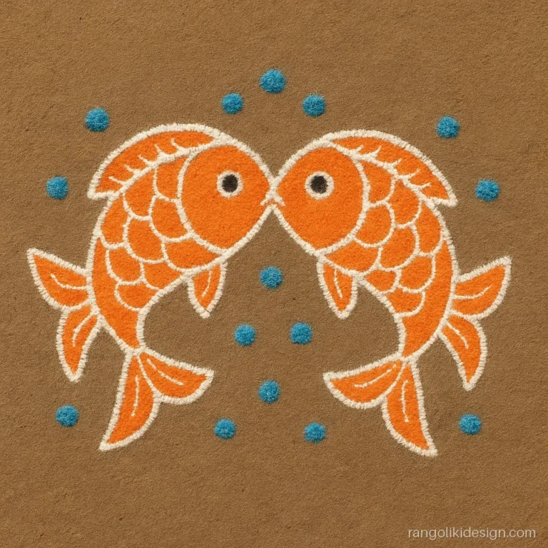 Dotted rangoli designs with two orange fish facing each other on a 7-4 grid