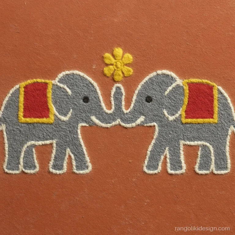 Dot rangoli designs with two grey elephants raising their trunks on a 9-5 grid