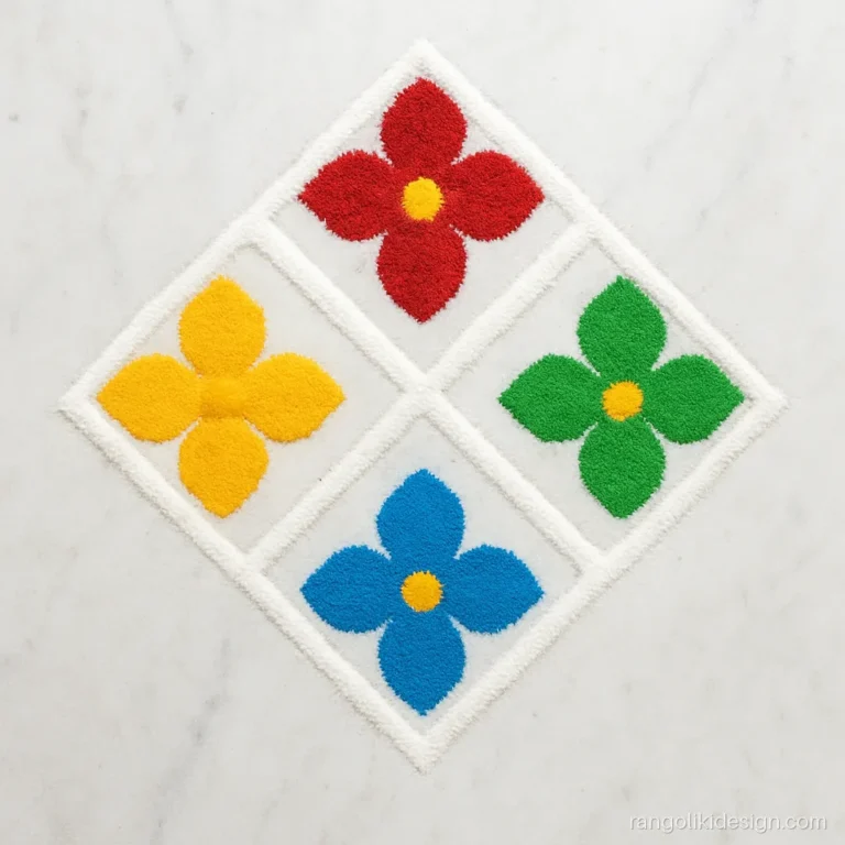 Simple dot rangoli designs with four colourful flowers in a diamond on 9 to 5 dots