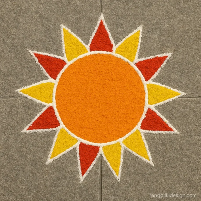 9 to 5 dot rangoli designs with a bright orange sun and twelve rays