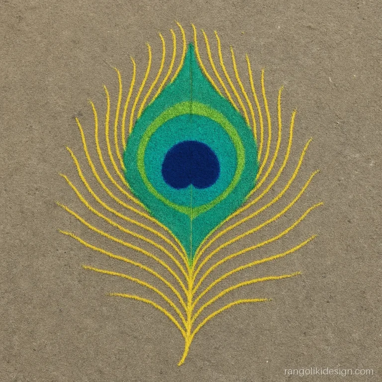 9 to 5 dots rangoli design with a peacock feather in blue, teal and green