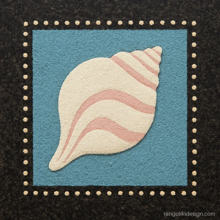 Rangoli designs with dots on a 9 to 5 grid showing a white shankh conch