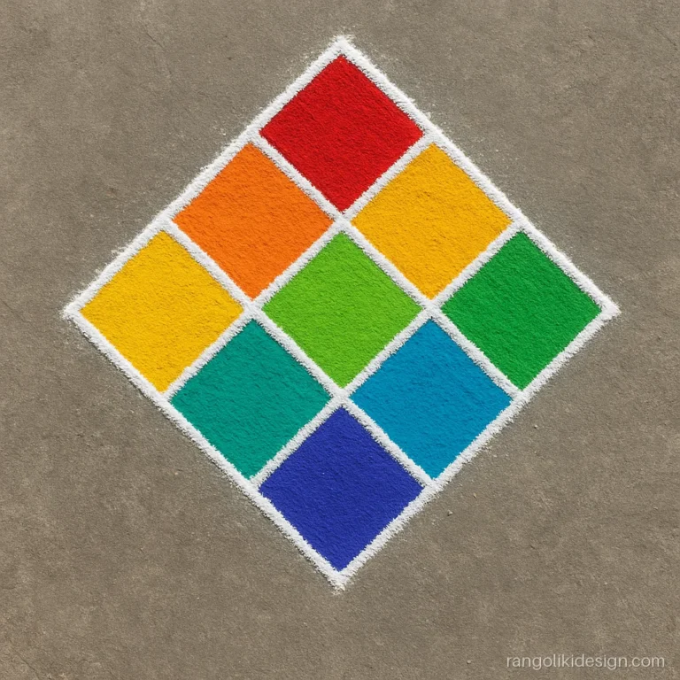 Colour rangoli designs with dots: nine diamonds in rainbow colours on 11 to 6 dots