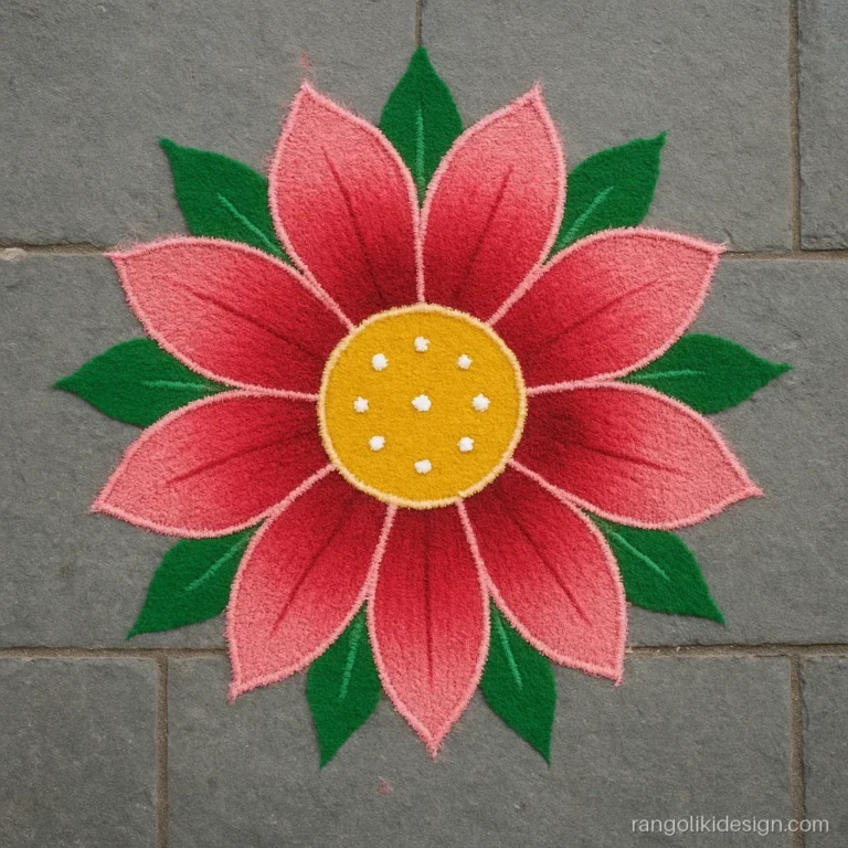 Rangoli designs with dots and colours: a shaded red and pink flower on 13 to 7 dots