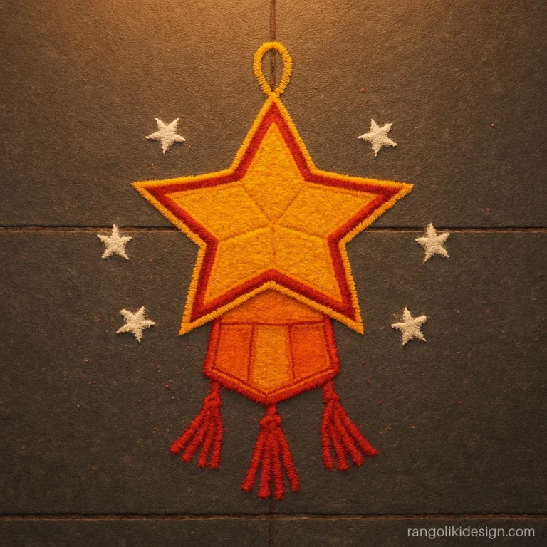 Simple dot rangoli designs for diwali with an orange sky lantern and tassels