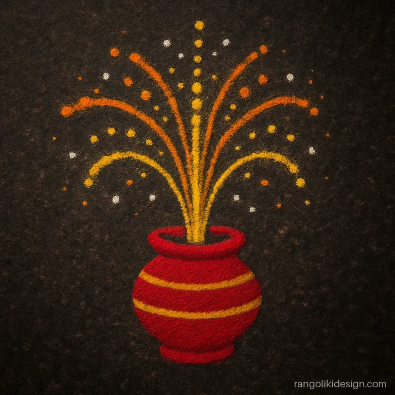 Deepavali rangoli designs with dots showing an anaar fountain of yellow sparks