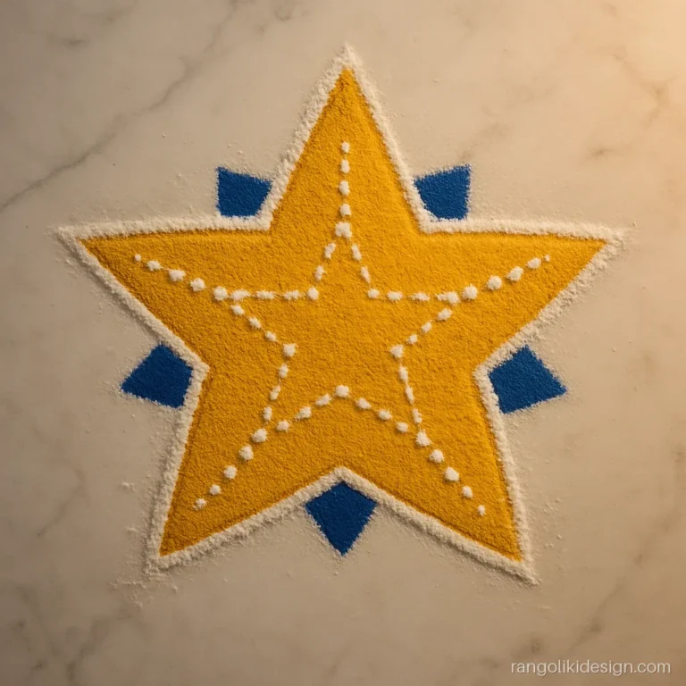Simple rangoli designs with dots for Diwali showing a gold star with blue triangles