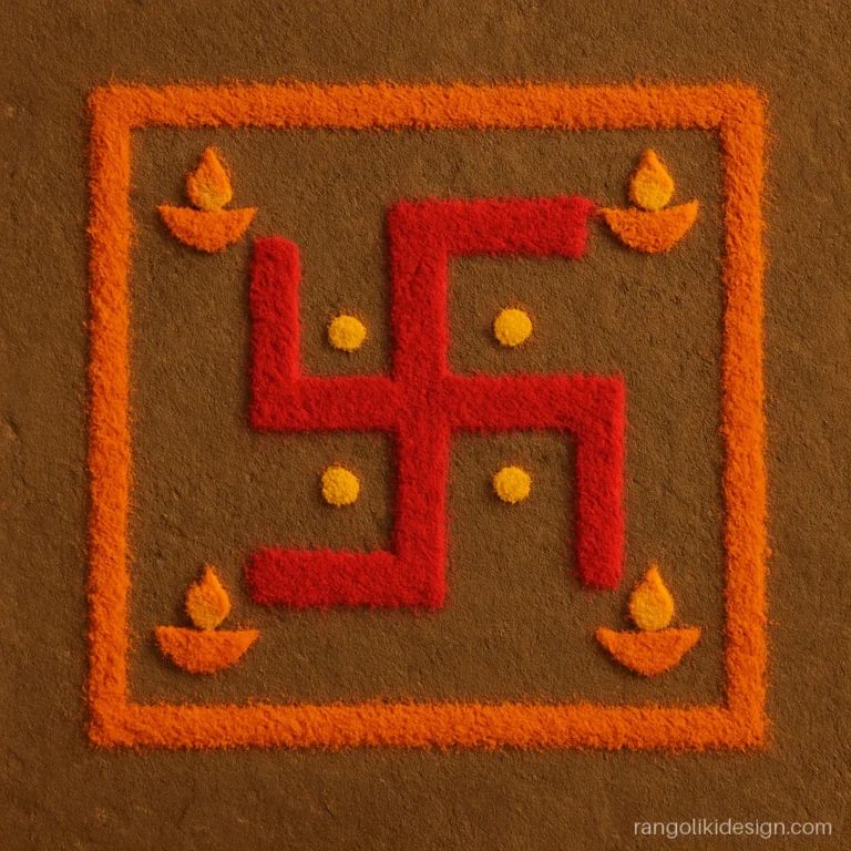Diwali rangoli designs with dots showing a red swastik with four tiny diyas