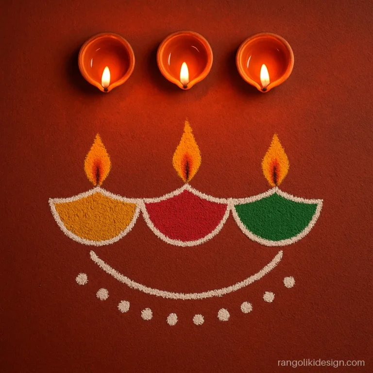 Easy dot rangoli designs for diwali with three diyas in gold, red and green
