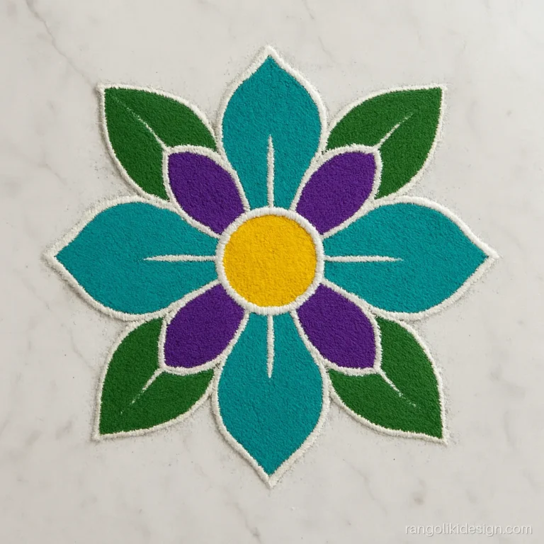 Rangoli design made on dots with the grid hidden under turquoise and purple colour