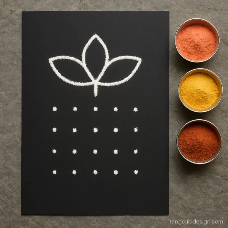 Dot rangoli practice on black chart paper with a 7 to 4 grid of white dots