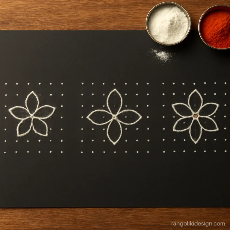 Three rangoli dot grids for practice: 5 by 5, 7 to 4 and 9 to 5
