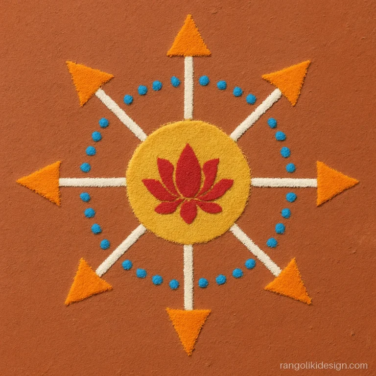New dussehra rangoli with eight arrows pointing outward from a gold circle
