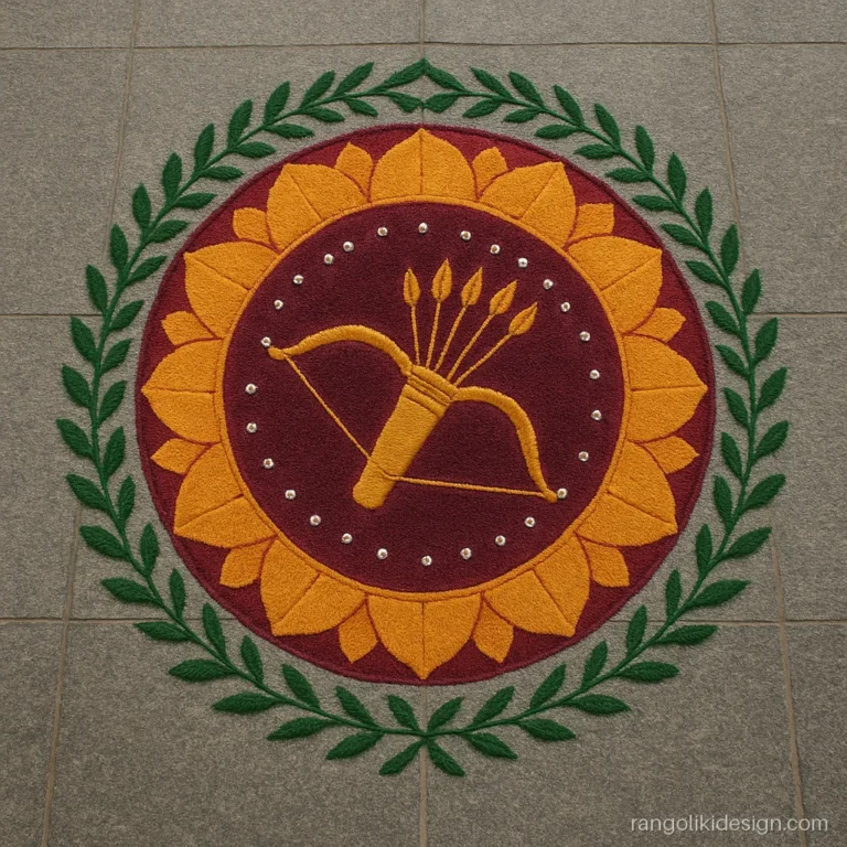 Dussehra special rangoli with a bow and quiver of arrows inside a mandala