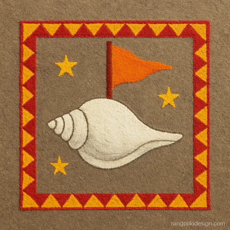 Unique dussehra rangoli designs with a white conch and a saffron flag