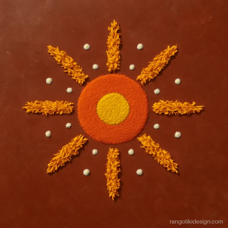 Easy dussehra rangoli of a small orange sun with marigold petal rays