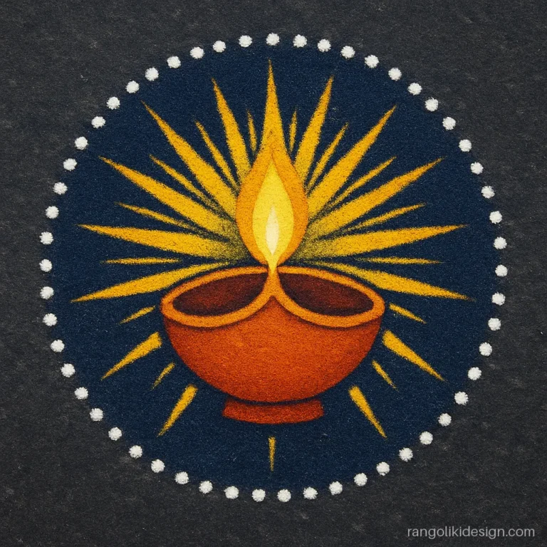 Dussehra rangoli of a big diya flame breaking a dark ring into light