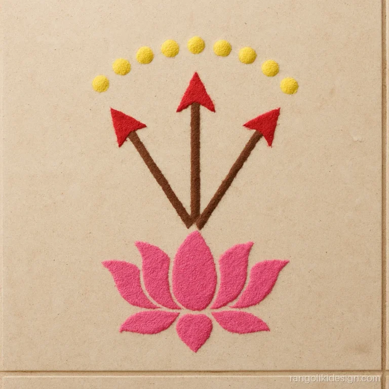 Small rangoli for dussehra with three arrows rising from a pink lotus
