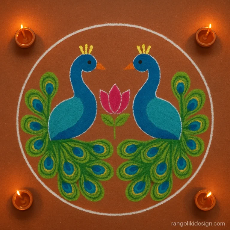 Easy big rangoli of two simple peacocks facing each other