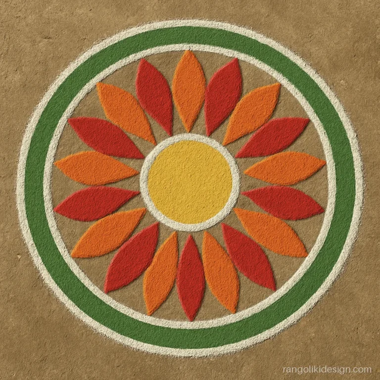 Easy big rangoli design of a petal wheel with repeat shapes