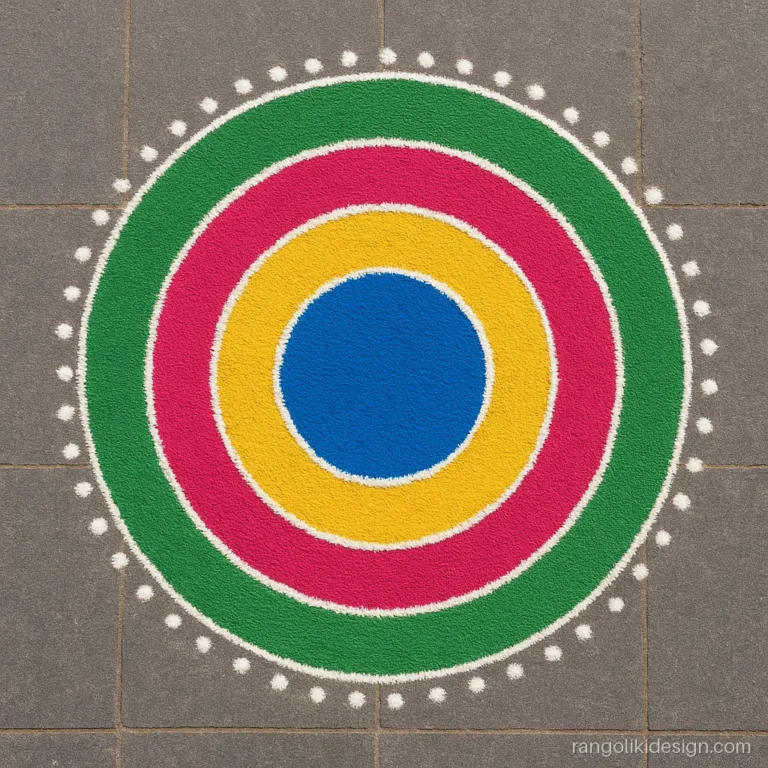 Easy big rangoli of four simple rings in different colours