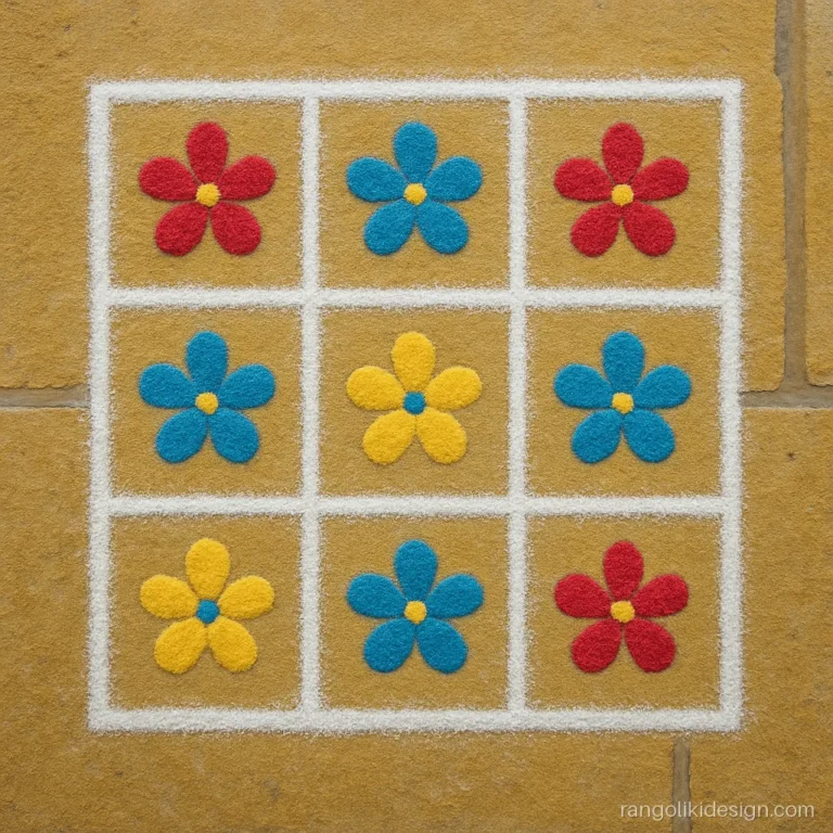 Easy big rangoli of nine flowers in a square grid