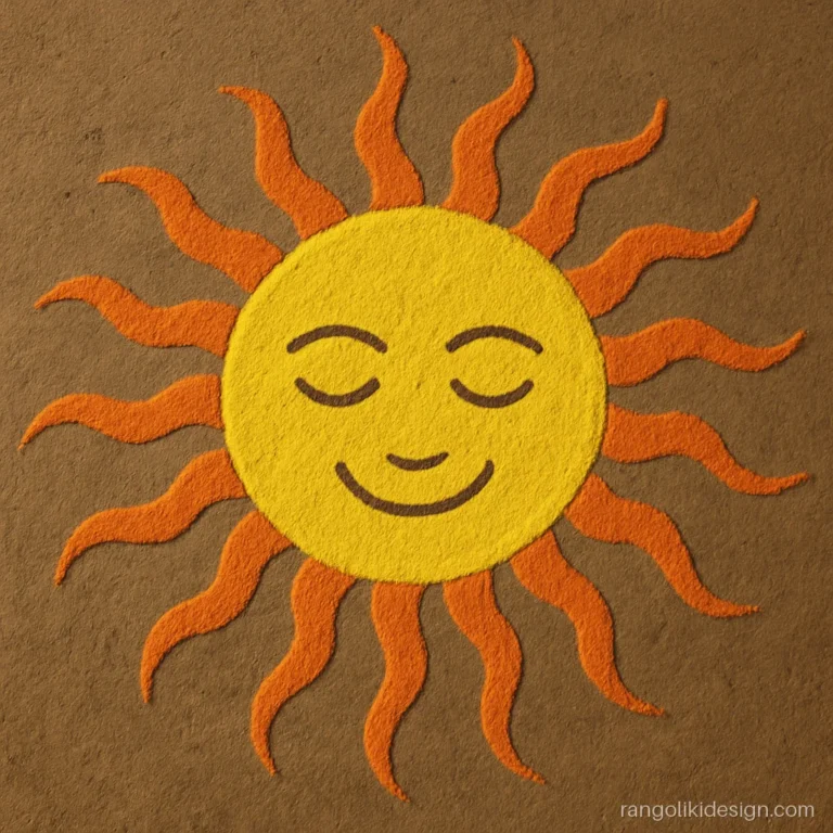 Easy big rangoli of a smiling sun with long rays