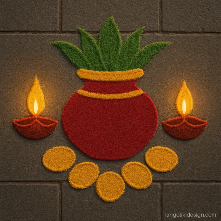 Easy rangoli for Dhanteras with a kalash and gold coins
