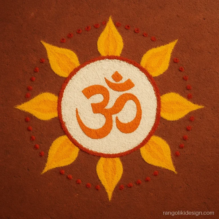Easy Diwali rangoli with Om in a circle of diya flames