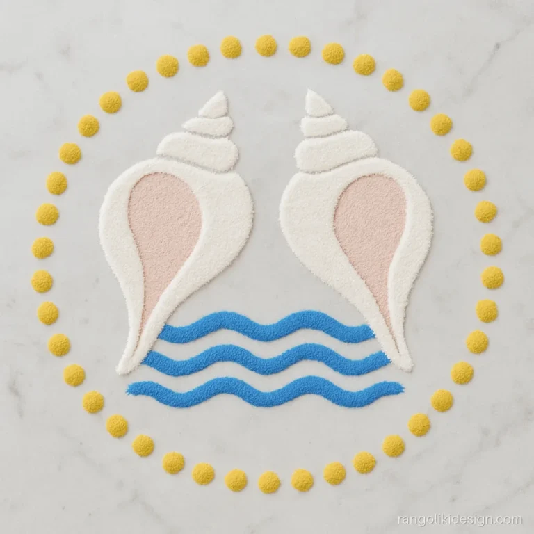 Easy dot rangoli of two conch shells on a 13 to 7 grid