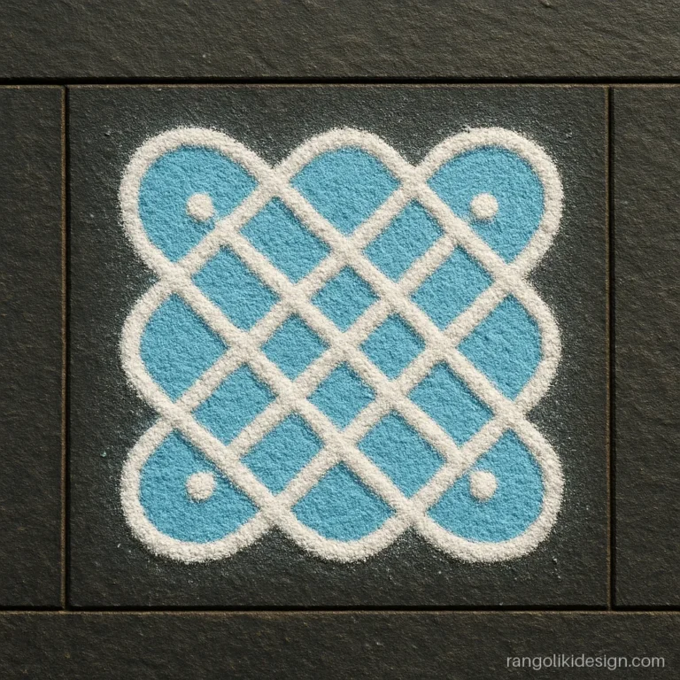 Easy rangoli design with dots on a 3 by 3 grid making a looped knot