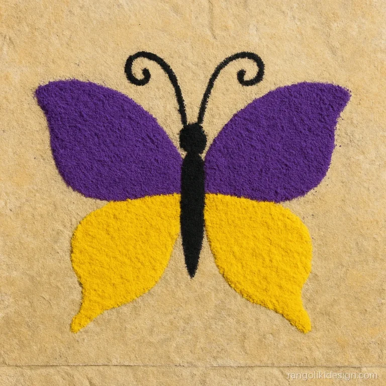Easy dot rangoli design of a butterfly on a 5 to 1 grid