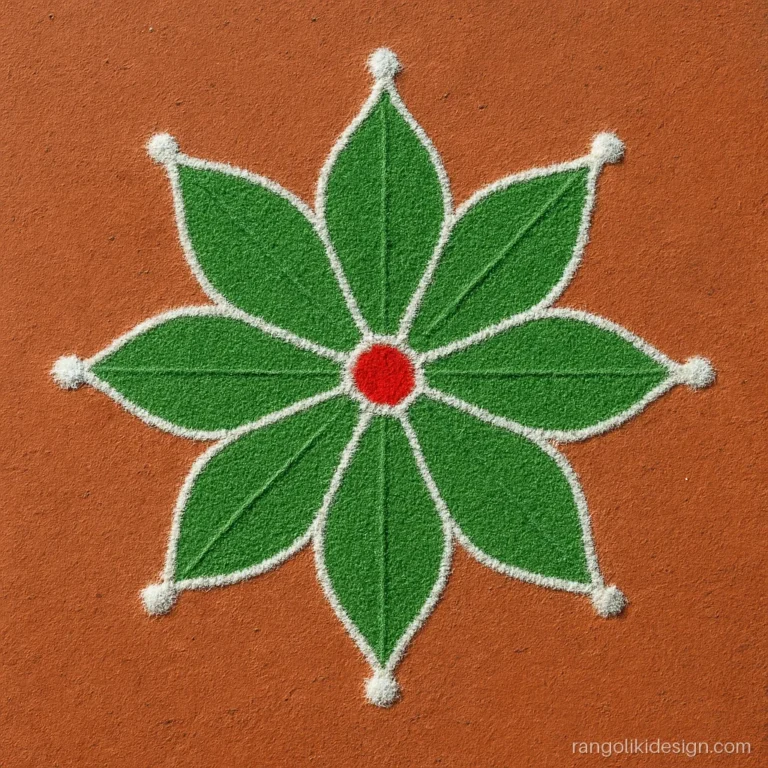 Easy rangoli design with dots on a 7 to 1 grid making a leaf star