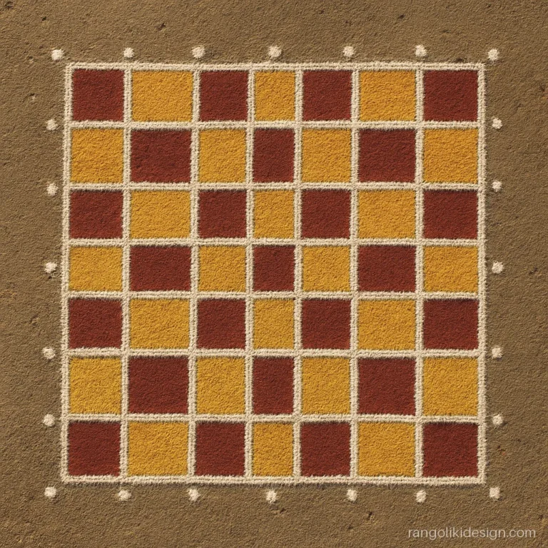 Easy rangoli design on an 8 by 8 parallel dot grid like floor tiles