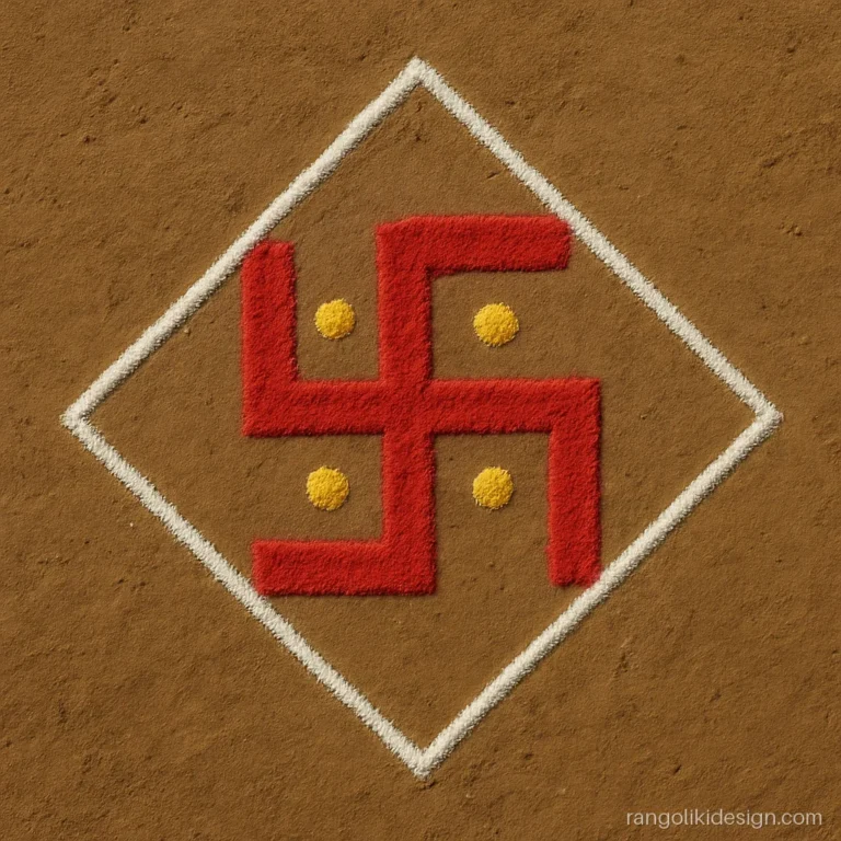 Easy rangoli design with dots forming a swastik on a 9 to 1 grid