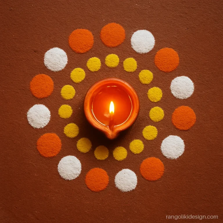 Easy rangoli designs with a ring of dots around one diya