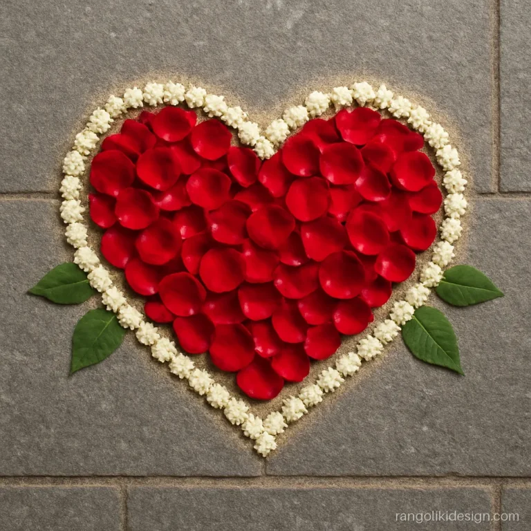 Easy rangoli design of a heart shape made with red rose petals