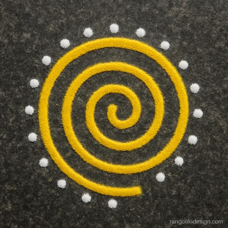 Easy rangoli design with a single yellow swirl and dots