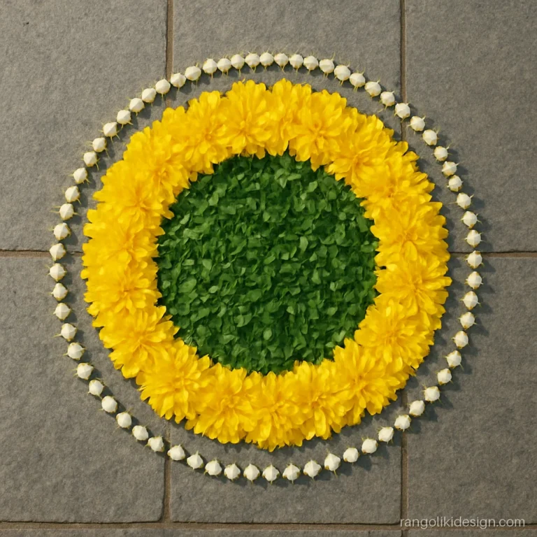 Easy flower rangoli of yellow chrysanthemum petals in a ring