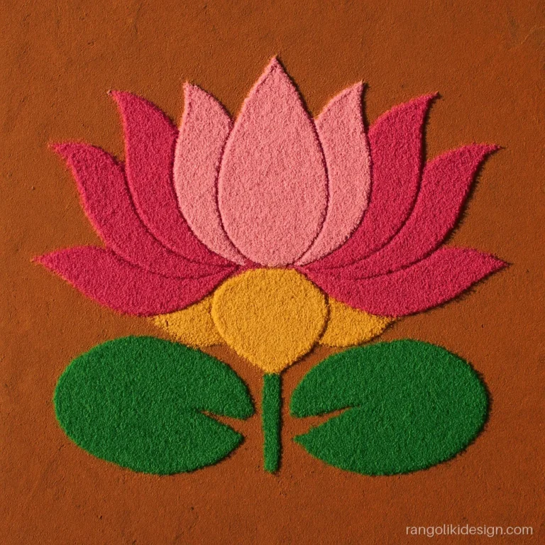 Easy rangoli design of a layered pink lotus with leaves