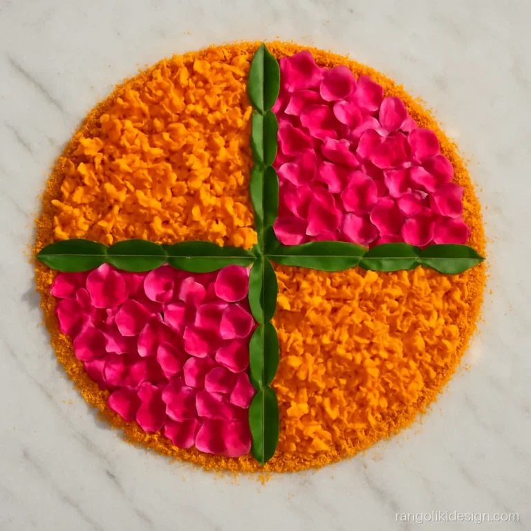 Easy flower rangoli of marigold and rose petals in quarters