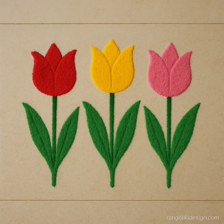 Easy flower rangoli of three tulips in a row