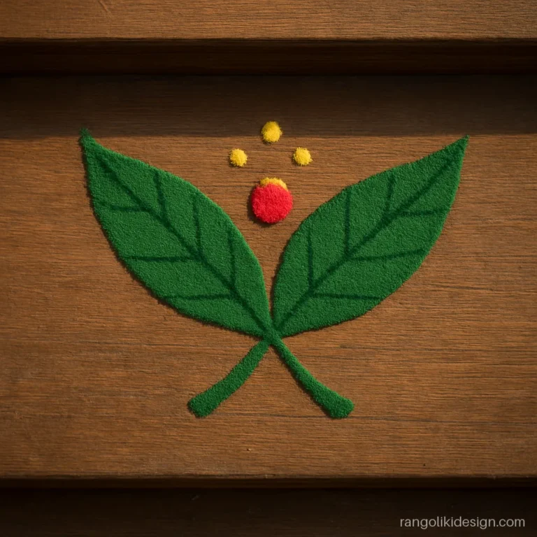 Easy small rangoli of two mango leaves with a red dot