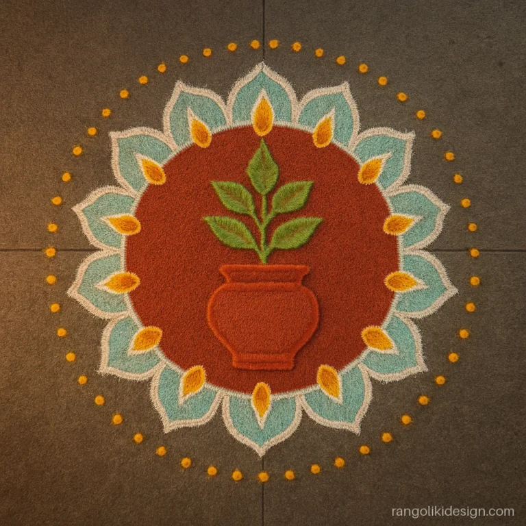 Adhik maas rangoli with a tulsi pot in the centre and a ring of small diyas
