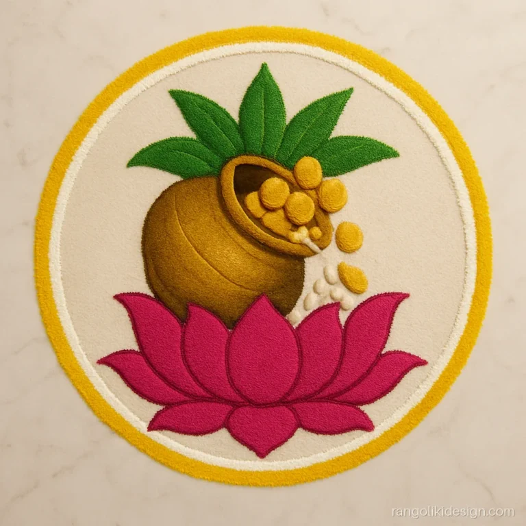Akshaya tritiya rangoli design with a kalash full of gold coins and rice
