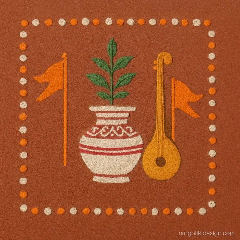 Ashadi ekadashi rangoli design with tulsi pot, veena and saffron flags